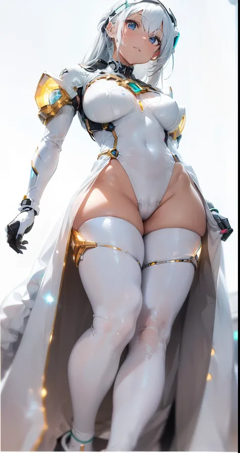 Onze, intrincado rosto de beleza perfeita, olhos brilhantes afiados detalhados, Rosto detalhado, (((From face to waist))), (((Forma de beleza))), ((em realista branco neon-iluminado sci-fi mech plugsuit costume)), master part, 4k, UHD (((vestindo manopla d...