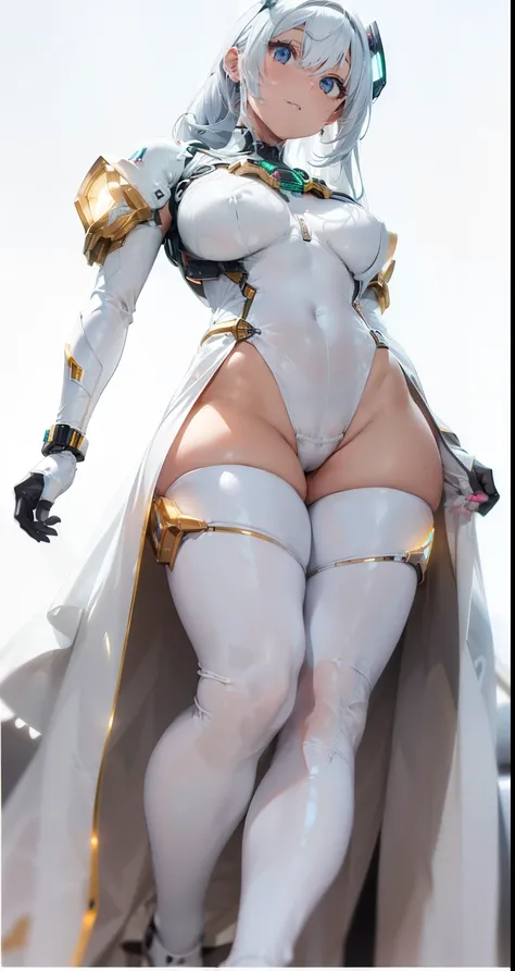 Onze, intrincado rosto de beleza perfeita, olhos brilhantes afiados detalhados, Rosto detalhado, (((From face to waist))), (((Forma de beleza))), ((em realista branco neon-iluminado sci-fi mech plugsuit costume)), master part, 4k, UHD (((vestindo manopla d...