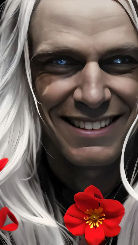 a close up of a person with long white hair and a flower in his hair, fantasy art smug smile man, amazing portrait of viego, long silver hair with a flower, white haired deity, character portrait closeup, handsome drow, relaxed dwarf with white hair, dwarf...