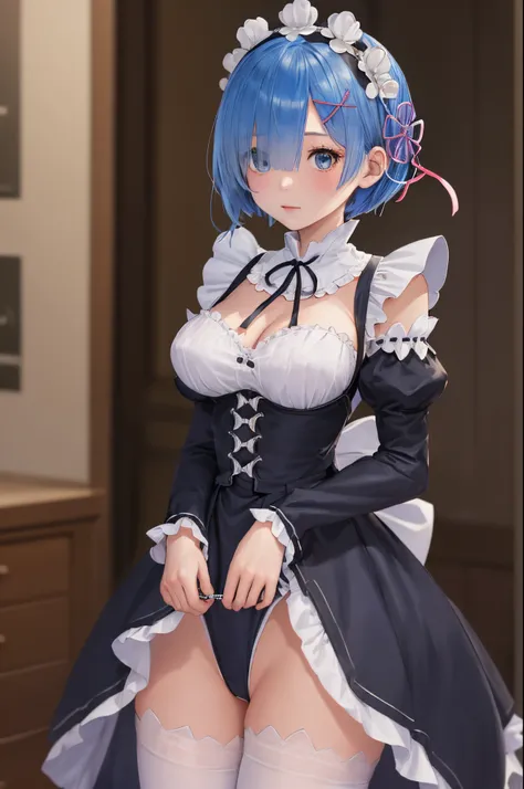 A high resolution, Focus sharp, Pixiv masterpiece, ((Complicated details)), The is very detailed, The upper part of the body, 1个Giant Breast Girl, rem_Floor plan about the_lofi, Blue hair, short detailed hair, Maid uniform, hair adornments, Chopping, maid ...