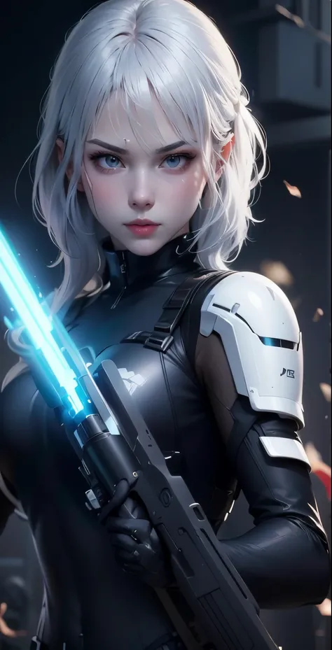 Close-up of a man holding a gun and lightsaber, Robot-silver-haired girl, Ross Painting 2. 0, Ross Painting 1. 0, Artgerm and Atey Ghailan, Rossdraws digital painting, Alaina Akhenami (Alaina Enemi) and ajem, Wojtekfors, inspired by Leng Mei, Roth Drawing ...