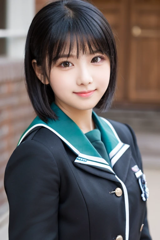 Please make a cute girl with black hair and a uniform.