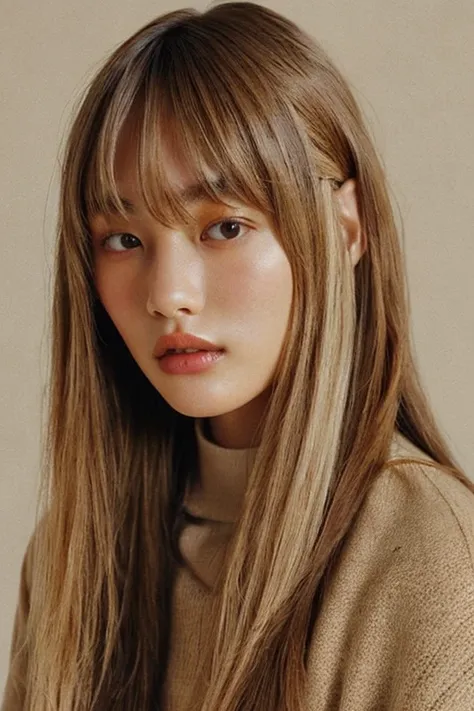 women are beige,20yr old、 beige and brown gradation color hair、straight hair、pattsun bangs、the background is dried flowers、fashi...