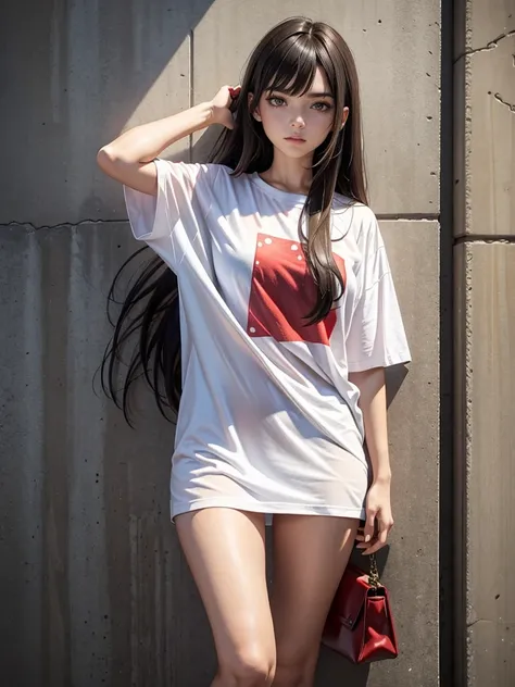 top-quality, intricate detailes, chromatic abberation, 1girl in, length hair, A dark-haired, Unkempt hair, White Highlights, red eyes, sharp eye, Oversized white T-shirt, Ultra mini skirt, pantiy, Cowboy Shots, wind lift, (oversize tshirt: 1.2 inch),agains...