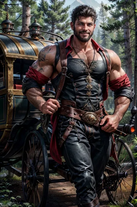 a man with black hair, blue eyes, beard, smiling, strong pectoral, manly and sexy body, wearing red shirt and black pants, victo...