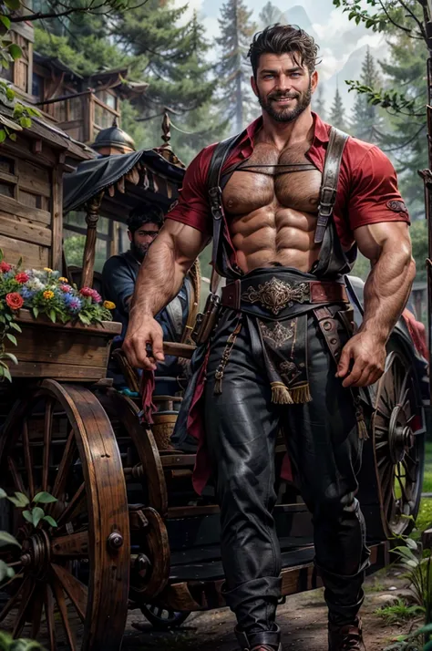 a man with black hair, blue eyes, beard, smiling, strong pectoral, manly and sexy body, wearing red shirt and black pants, victo...