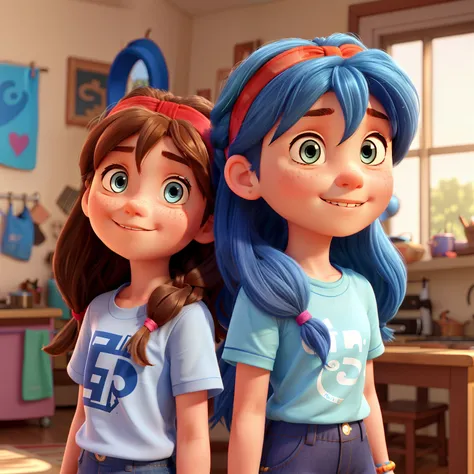 A girl with loose hair with a blue headband and a girl with loose hair from Pixar