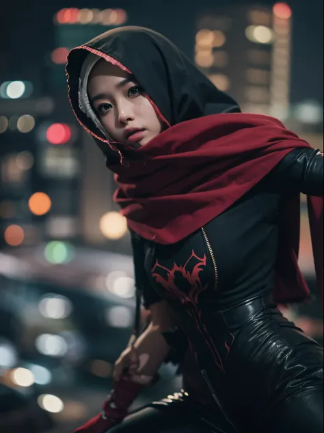 1 malay girl, solo,long big hijab, red eyes, medium hijab, superhero, superhero pose, red and black leotard, leggings, boots, top of building, very windy, city background, bokeh, nighttime, high quality, ultra detail, 8k, action pose, cinematic lighting, l...