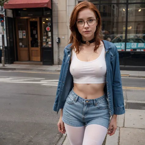 Penny pax redhead freckles glasses blushing collar wet crop top white tights pantyhose under denim shorts on the street