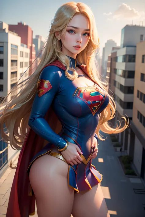 ((best quality, masterpiece, absurdress) , supergirl , 19 years old,long blonde hair, voluminous hair, loose hair, blue expressive eyes,huge breasts, korean school uniform supergirl terrace of a building, view of other buildings ,day