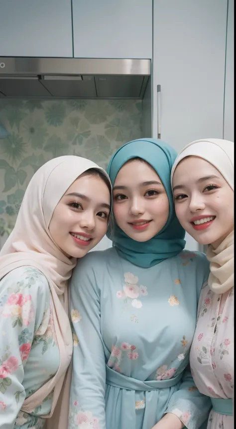 4 beautiful malay girl in light pastel color hijab taking selfie in modern kitchen, wear pastel blue and white floral pattern baju kurung, friendly and laughing situation, laughing, happy, modern pastel color kitchen, detailed skin texture, soft lighting, ...