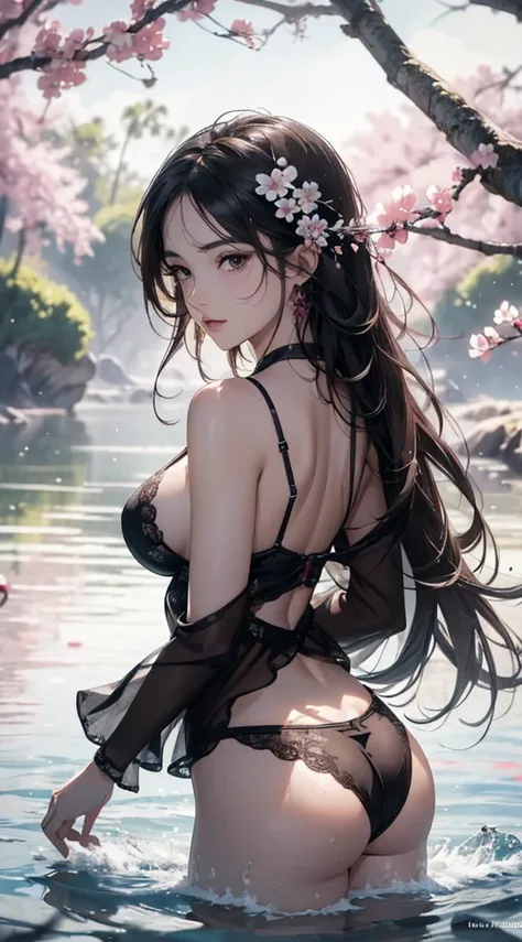 (((8k wallpaper of extremely detailed CG unit:1.2, ​masterpiece, hight resolution:1.2, top-quality:1.2, masutepiece))), ((a very beautiful woman, barechested:1.4, hiding boobs with hands:1.4, Not wearing underwear:1.8, Face your butt to the viewer, butt is...