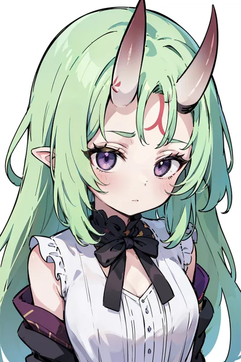 masterpiece, best quality, 4k, face close-up, portrait, 1girl, solo, beige hair, light green hair, pale green hair long hair, purple eyes, empty eyes, small breasts, (oni girl, oni horns, forehead horns), serious, neutral, white blouse, one piece blouse, m...