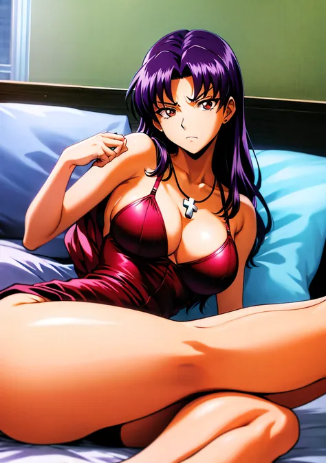 (masutepiece),(Best Quality), Katsuragi Misato, robe blanche, Brown eyes, Cross Necklace,  Colossal tits、Lingerie with a small area、Persistent stare, Sharp eyes、Lying in bed、Seductive、Spread your legs、angry