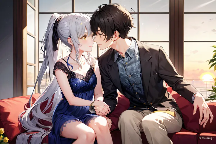 1 brown-eyed boy with short black hair in full spring suit and 1 silver wavy curly hair and messy ponytail Tall yellow eyes squirming girl in spring dress Juliet long smile smiling, (Boy with girl smiling), (Boy with girl smiling and loviling)