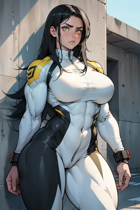 ((((((1girl)))))) (((((muscular))))) ((thick thighs huge breasts)) black hair yellow eyes solo angry pale skin sweaty concrete wall very long hair bodysuit curvy wide hips bodybuilder