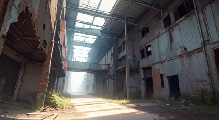 A van，Parked inside an abandoned factory，