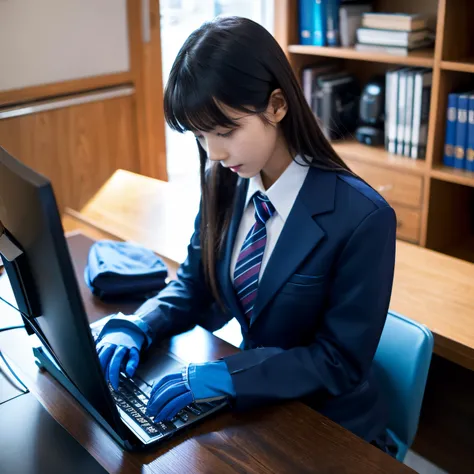 Dark blue blazer uniform、Blue shirt、Blue ribbon、Black leather gloves、hi-school girl、Operating a laptop computer on the desk