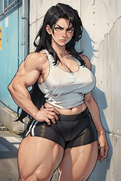 ((((((1girl)))))) (((((muscular))))) ((thick thighs huge breasts)) black hair yellow eyes solo angry pale skin sweaty concrete wall very long hair (tank top bike shorts) curvy wide hips bodybuilder