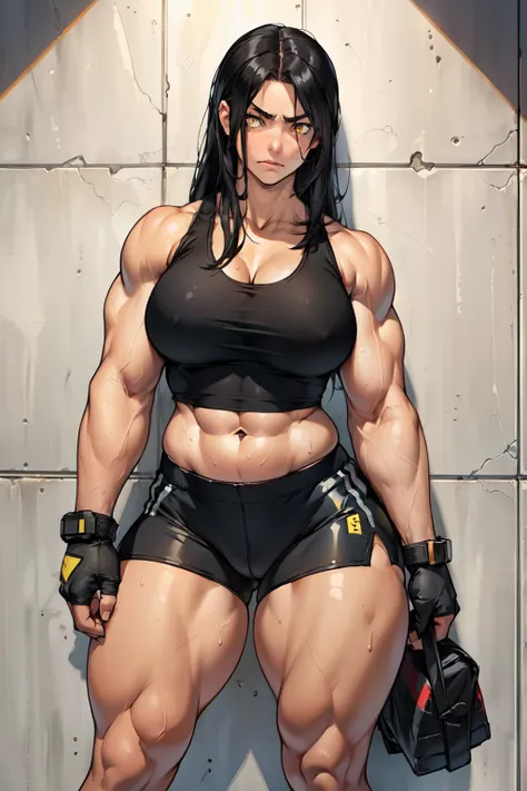 ((((((1girl)))))) (((((muscular))))) ((thick thighs huge breasts)) black hair yellow eyes solo angry pale skin sweaty concrete wall very long hair (tank top bike shorts) curvy wide hips bodybuilder