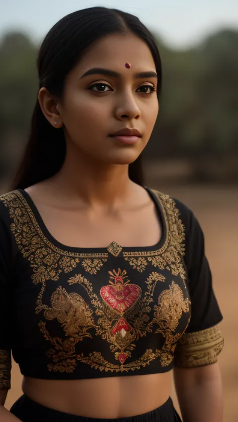 Day scene, close up photo of a indian from top view, posing under big tree, (wearing black tshirt and skirt) , look at viewer, (cinematic:1.3), intricate details, (ArtStation:1.2)