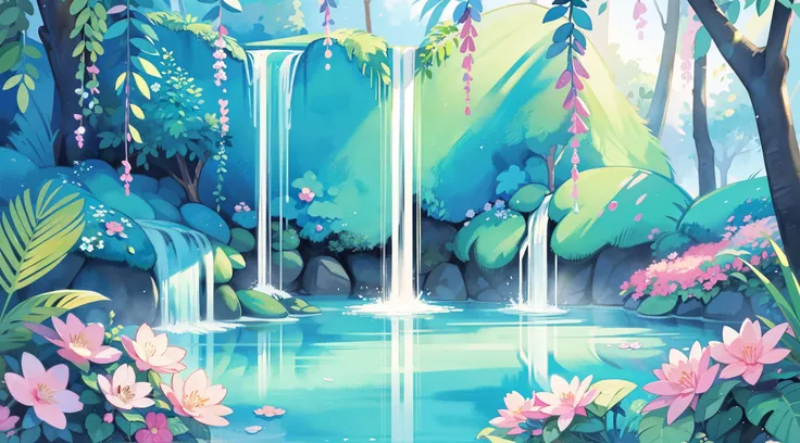 watercolor illustration, vibrant pastel colors, dreamy, colorful, whimsical, magical, masterpiece, best quality, sharp focus, intricately detailed environment, fine detail, 8k resolution, waterfall lagoon, (magical lagoon), (waterfall, lake), beautiful, go...