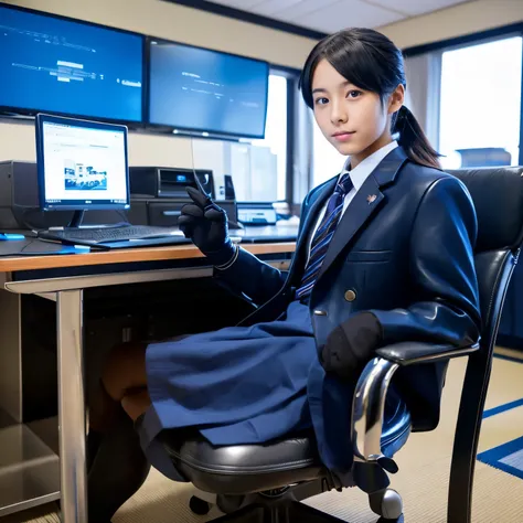 Dark blue blazer uniform、Blue shirt、Blue ribbon、Black leather gloves、hi-school girl、Operating a laptop computer on the desk、Sitting on a chair、((He wears black leather gloves on both hands))((Cute Japan high school girl))