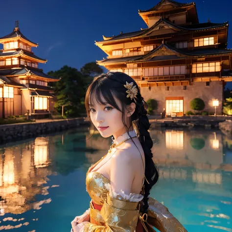 ((top-quality、masutepiece、8K、Top image quality、Very complex and detailed details、1 photo、Shooting mainly people、Photograph the castle in the background))、((One Princess、Otohime 1 person、luxurious courtesan costume、Luxurious furisode、photo of her from the k...