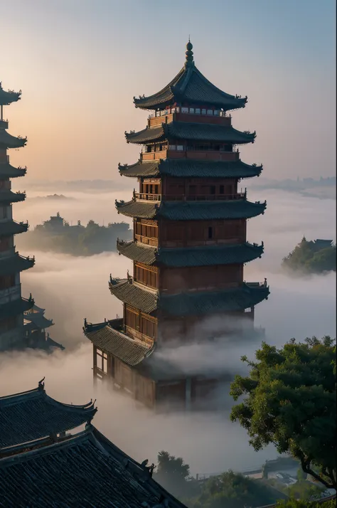 The ancient buildings in Jiangnan Water Town are shrouded in clouds and mist in the sky