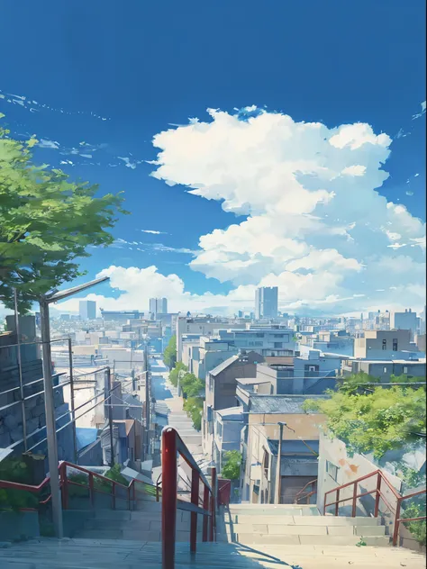 a picture taken from a high angle of a stairway leading to a city, an anime drawing by Makoto Shinkai, trending on pixiv, serial art, beautiful anime scene, style of makoto shinkai, tokyo anime scene, makoto shinkai. —h 2160, ( ( makoto shinkai ) ), beauti...