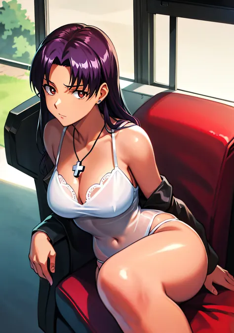 (masutepiece),(Best Quality), Katsuragi Misato, Brown eyes, Cross Necklace,  Colossal tits、White see-through lingerie、Sit in a plush chair、Persistent stare, Sharp eyes、Seductive、Spread your legs、Seductive