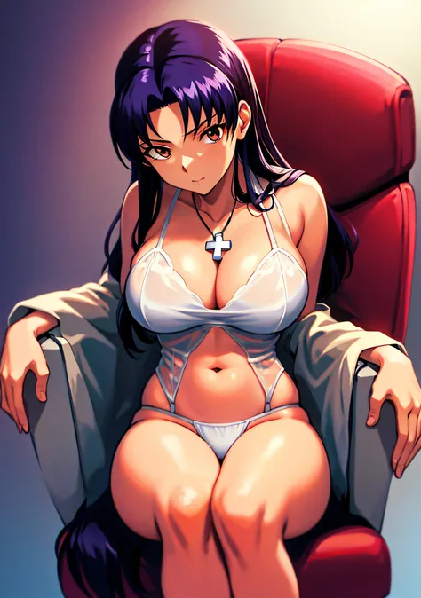 (masutepiece),(Best Quality), Katsuragi Misato, Brown eyes, Cross Necklace,  Colossal tits、White see-through lingerie、Sit in a plush chair、Persistent stare, Sharp eyes、Seductive、Spread your legs、Seductive