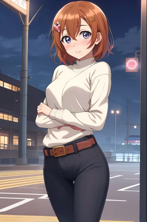 Kousaka honoka, night, train station, tight pants,sweater ,arms behind back, short hair, hair ornament, crotch lines, standing , yearning, Blushing, cowboy shot,belt