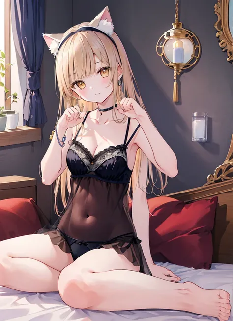 (((masterpiece: 1.5, best quality, high resolution: 1.3, super resolution, super detailed, ultra detailed:1.3, rich background:1.2))), shiina mahiru, yellow eyes, floating hair, very long hair, blunt bangs, cute hairpin, chocker, lingerie, bra, navel, pant...