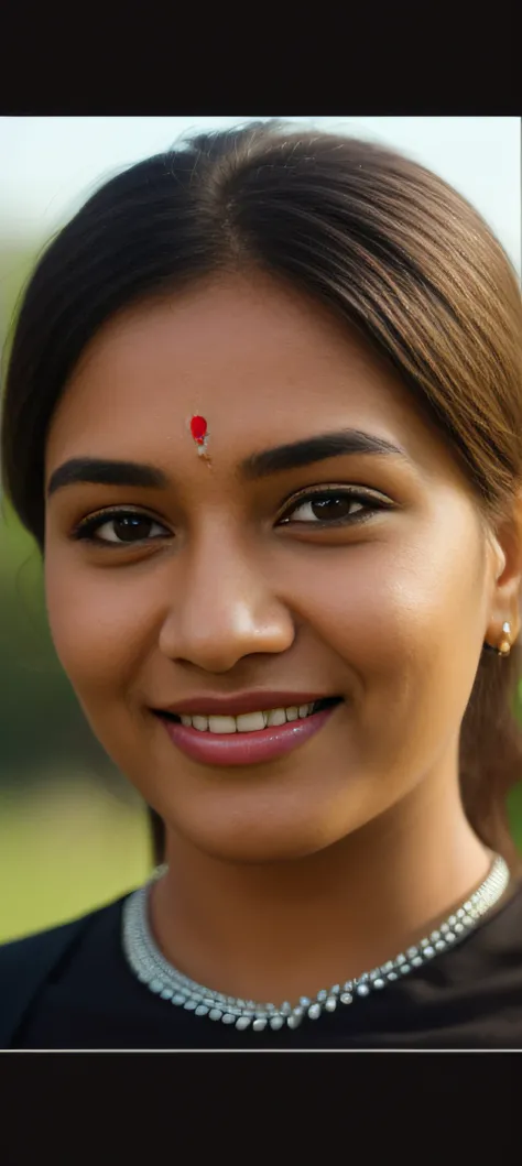 Day scene, close up photo of a indian from top view, posing under big tree, (wearing black tshirt and skirt) , look at viewer and smile, (cinematic:1.3), intricate details, (ArtStation:1.2)