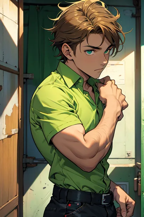 Um jovem do sexo masculino de 16 anos, light brown hair a little messy, olho verde, corpo atletico, camisa de manga curta verde, causa preta