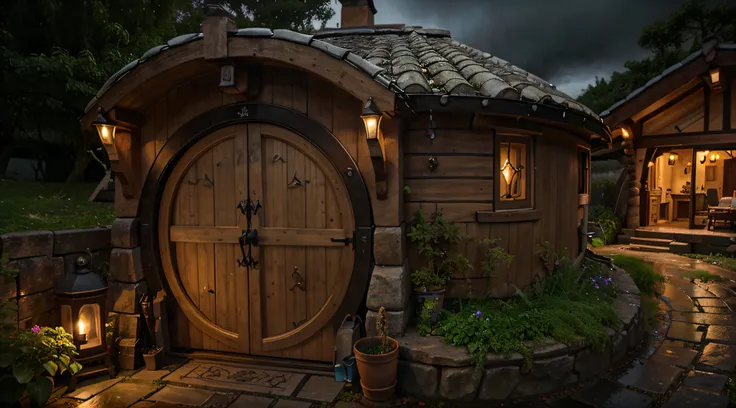 a view of front of a hobbit house in a rainy night, in a hobiton village with opened door at rainy night, rainy sky, rainy clouds, rounded hobbit door, there a fireplace inside, a view from outside to inside, seeing the front of house