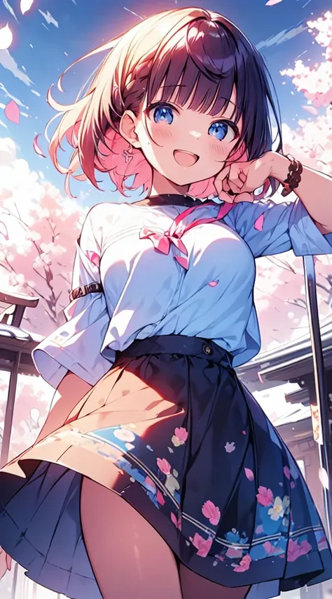 masutepiece, Best Quality,Illustration, Wallpaper, ultra -detail, Absurd beauty, 1beautiful girl、Bright hair color、big eye、Hair fluttering in the wind、♡、Spring landscape、great laughter、skirt by the、Futomo、Poses in motion