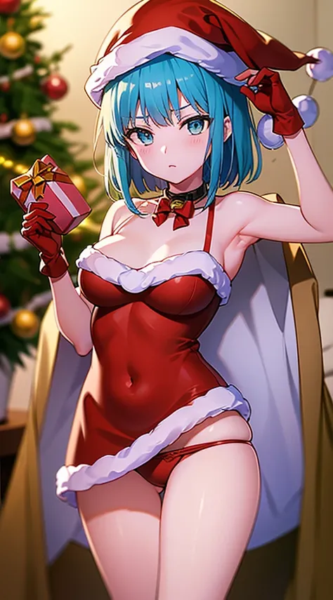 masterpiece, best quality, 1 solo girl, blue hair, blue eyes, short hair, wavy hair, Christmas ornaments, medium breasts, mature body and face, red christmas dress, christmas, christmas light, christmas tree, red gloves, red santa skirt, holding gift, red ...