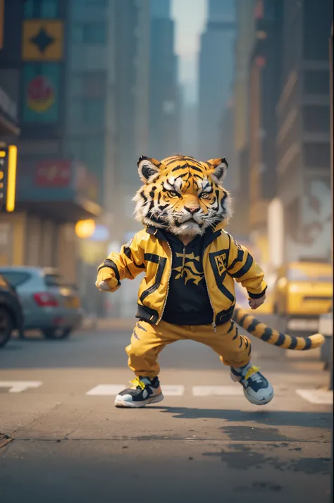 Angry Cartoon tiger with black and yellow jacket playing soccer in cyberpunk city street, dramatic effect, smoke effect, style raw, pastel color grading, Super 8mm lense, Extreme close-up, Deep Focus cinematography effect, high quality, ultra detail, 8k