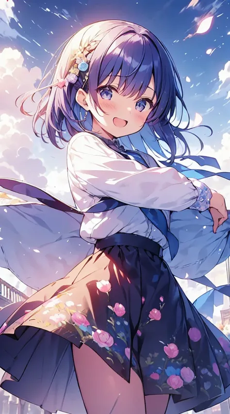 masutepiece, Best Quality,Illustration, Wallpaper, ultra -detail, Absurd beauty, 1beautiful girl、Bright hair color、big eye、Hair fluttering in the wind、♡、Spring landscape、great laughter、skirt by the、Futomo、Poses in motion