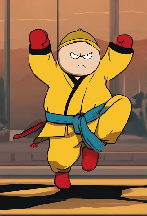 A picture of Cartman wearing a karate gi and holding a black belt, striking a powerful martial arts pose,South Park,Eric Cartman, a character from the animated TV series “South Park,” is easily recognizable with his round, chubby figure, often clad in a re...