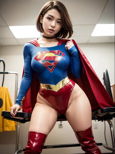 ​masterpiece,Short-haired supergirl spreading her thighs on a hospital operating table、large full breasts、Looking at the camera、Glossy enamel costume、Glossy red enamel long boots、Shiny red skirt、a choker、Glimpse、Fluttering cloak、seduces、sexypose、college gi...