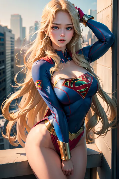 ((best quality, masterpiece, absurdress) , supergirl , 19 years old,long blonde hair, voluminous hair, loose hair, blue expressive eyes,huge breasts, korean school uniform supergirl terrace of a building, view of other buildings ,day