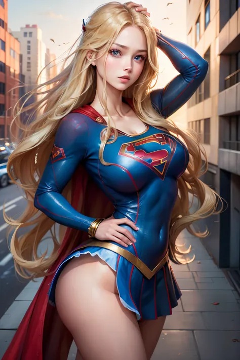 ((best quality, masterpiece, absurdress) , supergirl , 19 years old,long blonde hair, voluminous hair, loose hair, blue expressive eyes,huge breasts, korean school uniform supergirl terrace of a building, view of other buildings ,day