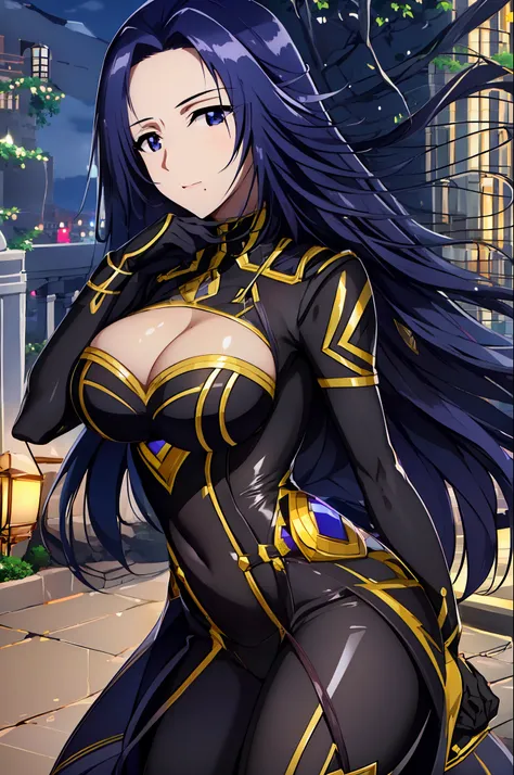 (Night:1.7), In front of a building with a full moon and a clock,Moonlight, Night, nigh sky,Starry sky,
standing at attention,
Black Suit,Black and gold jacket,Black and gold costume,gloves,Black and gold bodysuit, cleavage cutout, 
pointy ear,
Dark blue h...