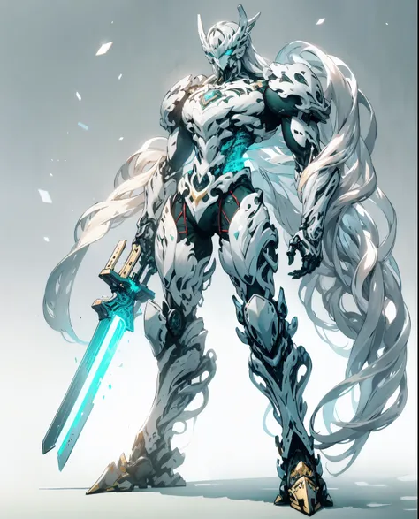 super wide shot, Full body frontal photo,Mecha male warrior， Jade Emperor style,《The mech colors are gold and silver-white》，（《Holding the Xuanyuan sword》，The sword is full of futuristic technology，），（Full body mecha）, Keqing from Genshin Impact, (Masterpie...