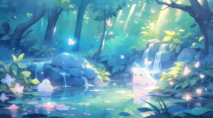 watercolor illustration, vibrant pastel colors, dreamy, colorful, whimsical, magical, masterpiece, best quality, sharp focus, intricately detailed environment, fine detail, 8k resolution, waterfall lagoon, (magical lagoon), (waterfall, lake), glowing butte...