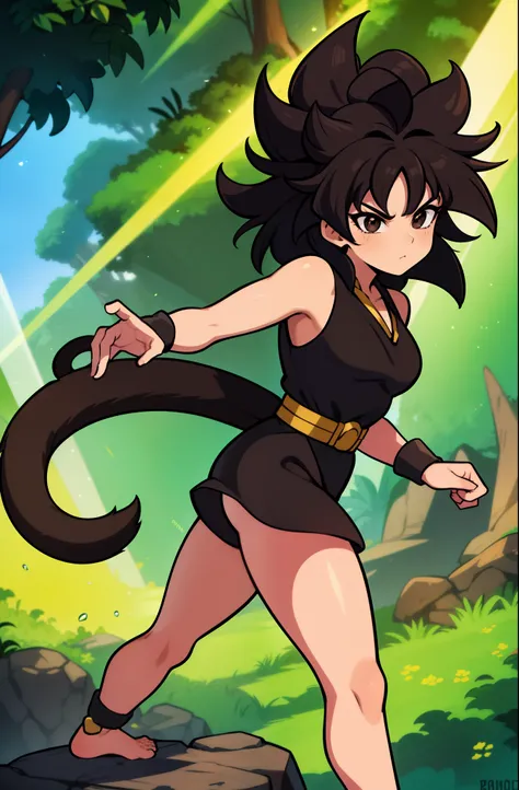 (masterpiece, best quality, detailed face, detailed eyes), black eyes, 1girl, Saiyaness, 1girl, Saiyan monkey tail, black hair, long wild spiky hair, Shoulder less Gi, brown sash belt, very dark brown short tights, very dark brown wrist bands, small tufts ...