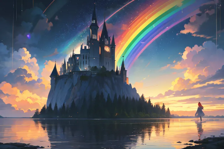 Create a high-quality illustration of a breathtaking scene where the rain has ceased, leaving behind a fantastical rainbow stretching across the entire sky. Envision a young boy or girl gazing up at this mesmerizing display. Infuse the entire artwork with ...